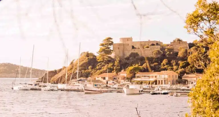 Blick auf einen sonnenbeschienenen Hafen mit Booten, die während eines Segeltörns im Wasser schaukeln, und auf eine große, historische Festung, die von einem Hügel herabragt und an einem klaren Tag von Ästen eingerahmt wird.