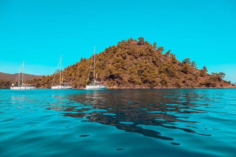 Azurblaues Wasser umgibt eine üppig grüne Insel mit mehreren Segelbooten, die in der Nähe unter einem klaren blauen Himmel vor Anker liegen, ideal für einen Segeltörn.