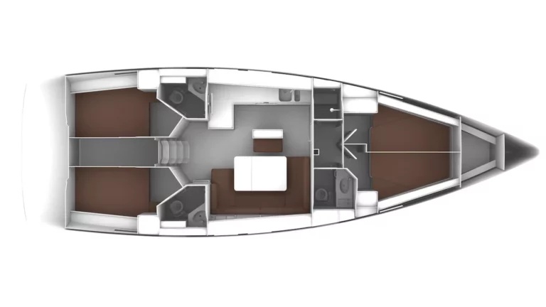 Draufsicht auf den Grundriss eines Segelboots, das eine Kabine mit verschiedenen Räumen einschließlich Sitzbereichen und einem zentralen Steuermechanismus zeigt, alles in Graustufen dargestellt.