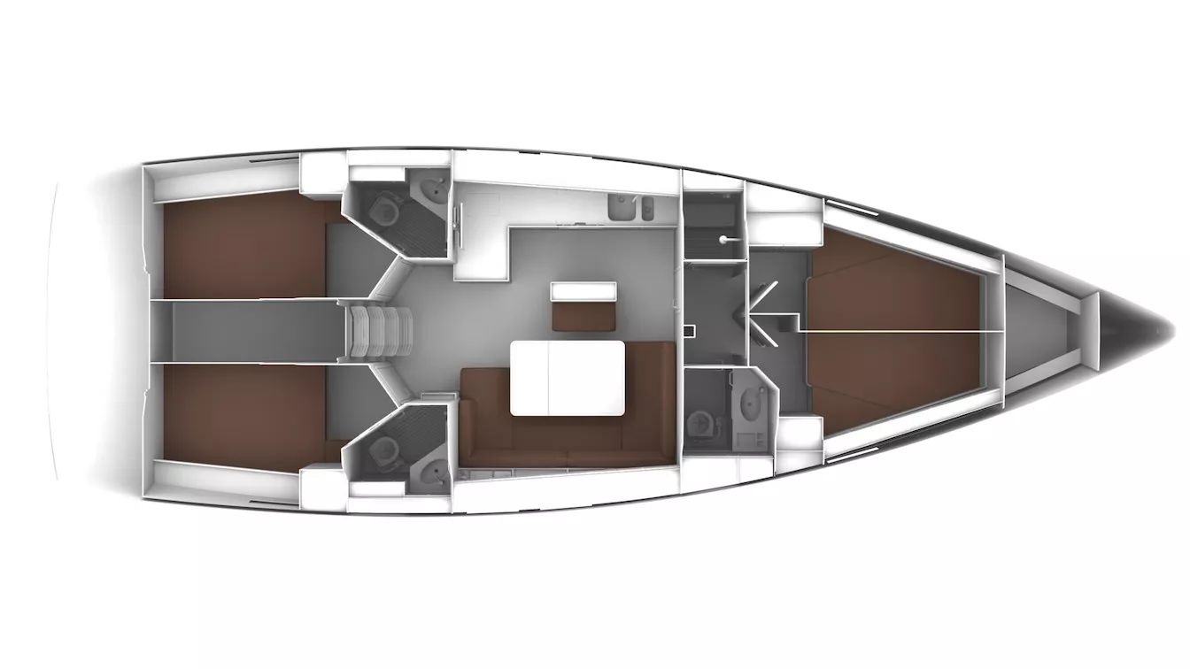 Draufsicht auf den Grundriss einer Segelyacht mit Kabine, Sitzbereichen und einem Tisch in der Mitte innerhalb der umrissenen Bootsform.