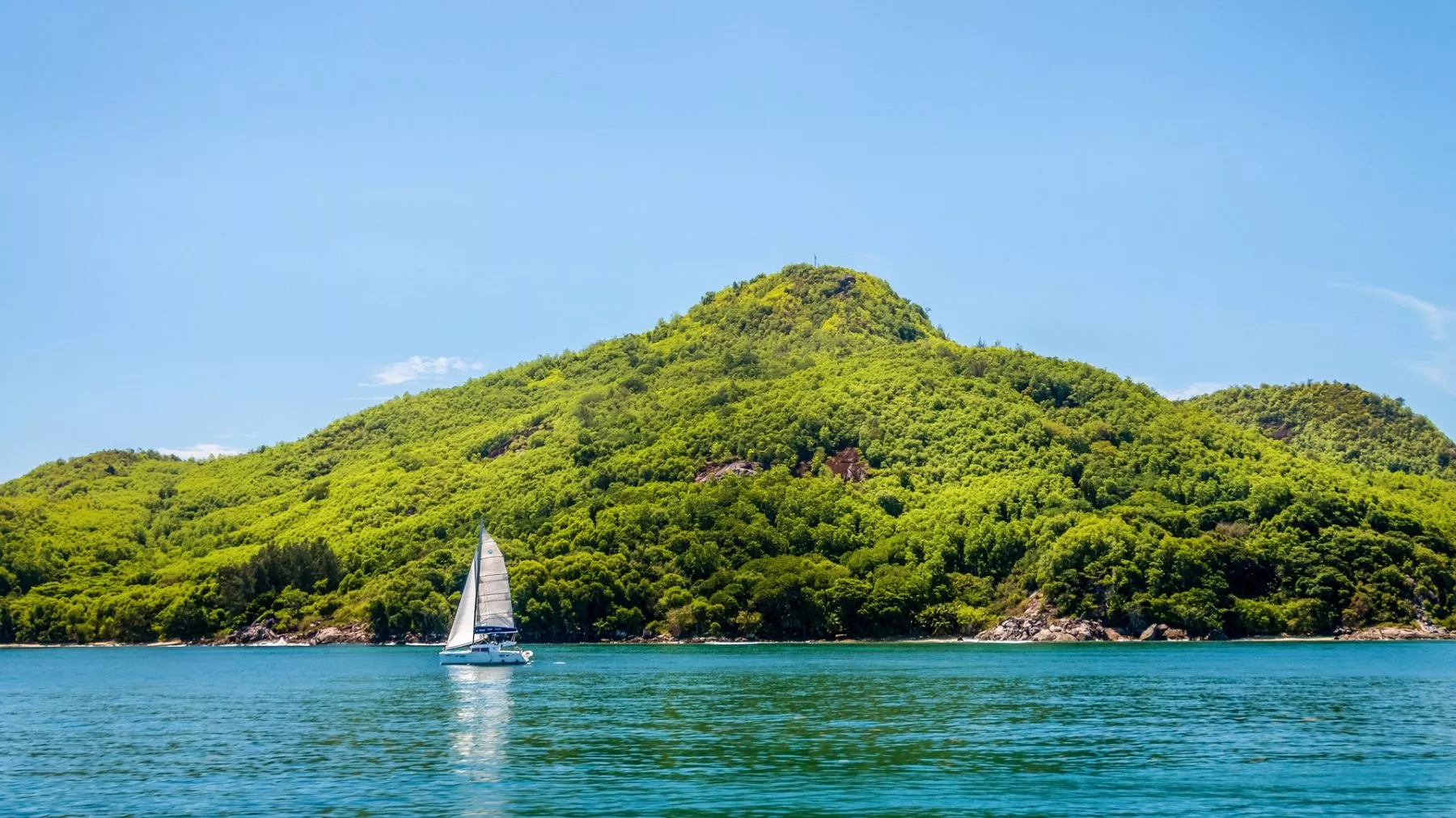 Eine Segelyacht gleitet unter klarem Himmel auf dem blauen Wasser nahe eines üppigen, grün bewaldeten Hügels.