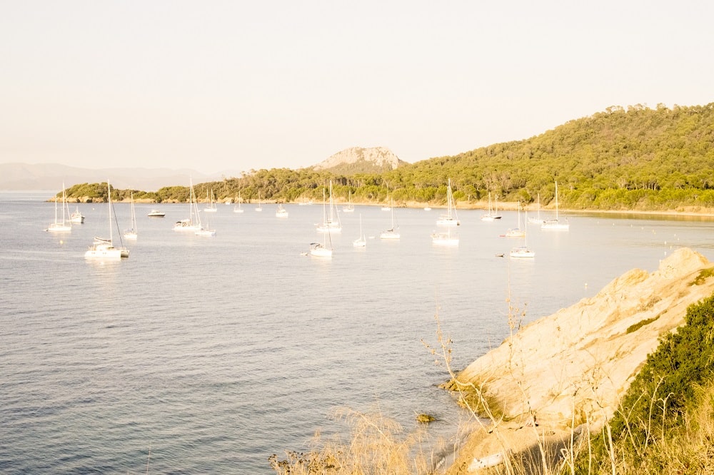 Eine ruhige Küstenszene mit mehreren Segelbooten und Katamaranen, die in einer ruhigen Bucht vor Anker liegen, umgeben von bewaldeten Hügeln unter einem klaren, dunstigen Himmel.