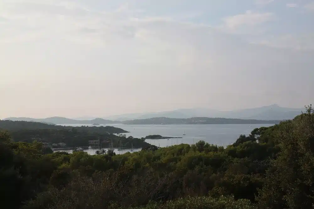 Eine malerische Aussicht auf einen ruhigen See, umgeben von üppigem Grün und sanften Hügeln unter einem dunstigen Himmel, perfekt für einen Segelurlaub.