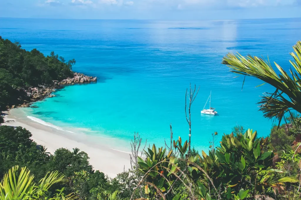 Ein malerischer Blick auf einen abgeschiedenen Strand mit leuchtend türkisfarbenem Wasser und weißem Sand, umrahmt von üppigem Grün. Eine einzelne Segelyacht schwimmt in Ufernähe unter einem klaren blauen Himmel. Seychellen Törn Luxus Abenteuer