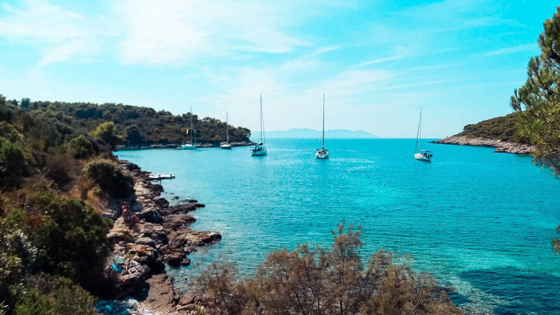 Eine malerische Küstenszene mit einer felsigen Küste, gesäumt von üppigem Grün. Aquamarinblaues Wasser erstreckt sich unter einem klaren, blauen Himmel, in der Ferne liegen vier Segelboote und eine einzelne Segelyacht vor Anker. Mit Vegetation bedeckte Hügel umgeben die ruhige Bucht und schaffen eine heitere Atmosphäre, die ideal für Mitsegeln-Enthusiasten ist.