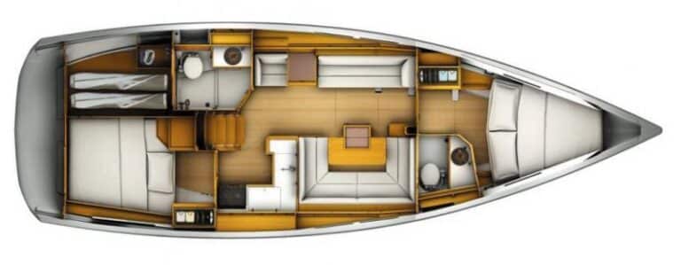 Draufsicht auf die Innenaufteilung einer Segelyacht, die verschiedene Bereiche einschließlich Schlafzimmer, Badezimmer, Küche und Wohnbereich zeigt.