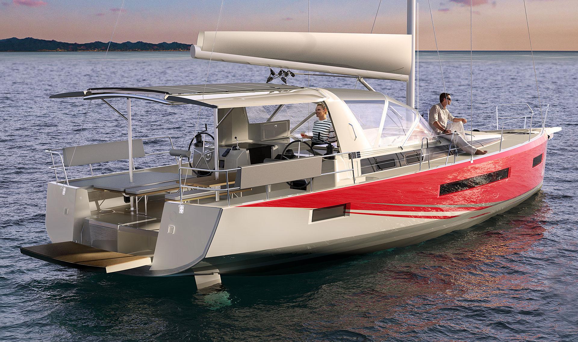 Eine moderne rot-weiße Segelyacht auf dem Meer mit zwei Personen an Bord, die einen sonnigen Tag genießen, mit Bergen im Hintergrund, perfekt für einen Segelurlaub.