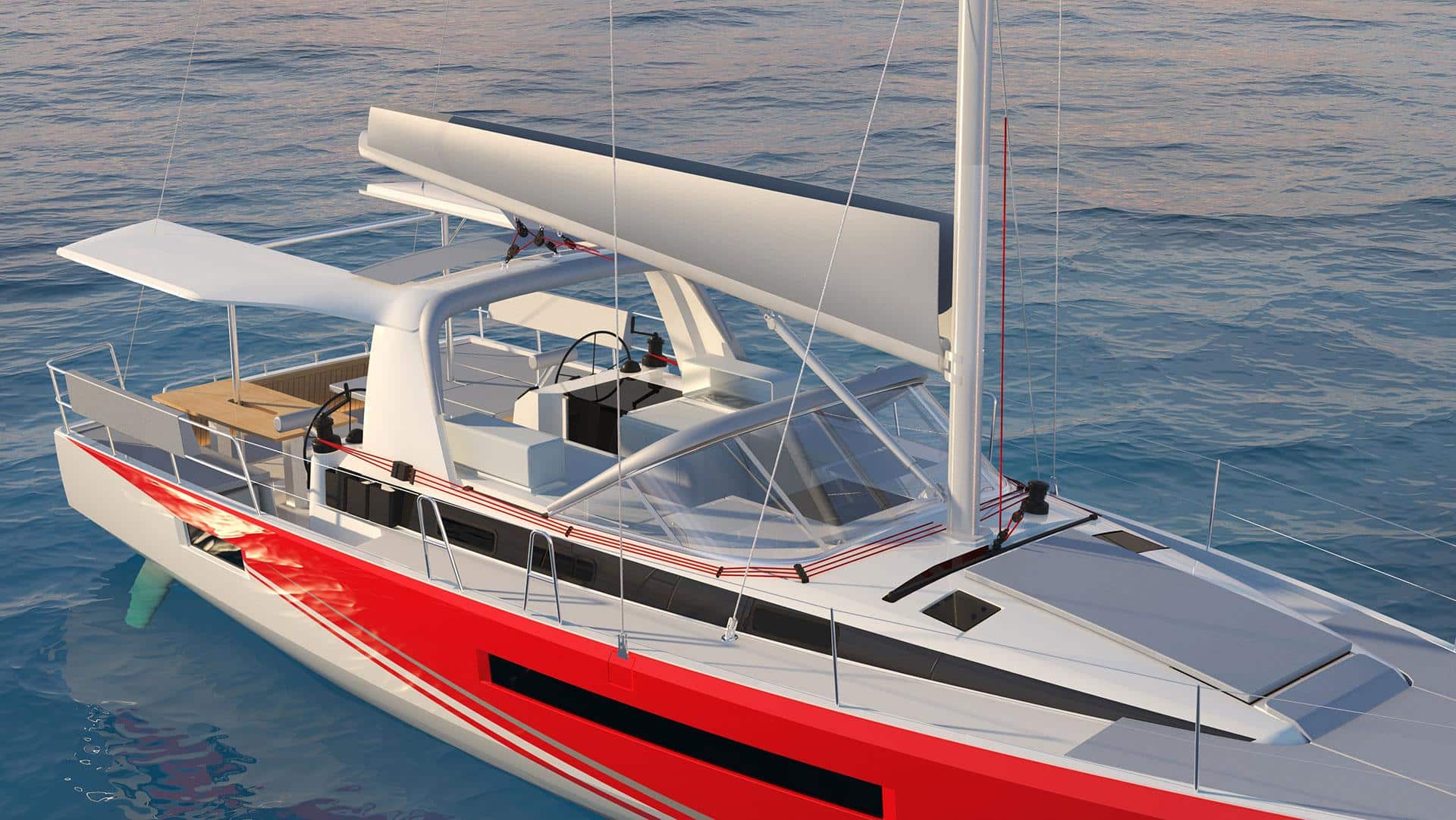 Eine moderne, elegante Segelyacht mit leuchtend rotem Rumpf und weißem Deck liegt in ruhigem, blauem Wasser vor Anker. Das Boot verfügt über ein geräumiges Cockpit mit gepolsterten Sitzen und einem Steuerrad, und sein hoher Mast ist vor dem Hintergrund des Meeres deutlich zu erkennen.