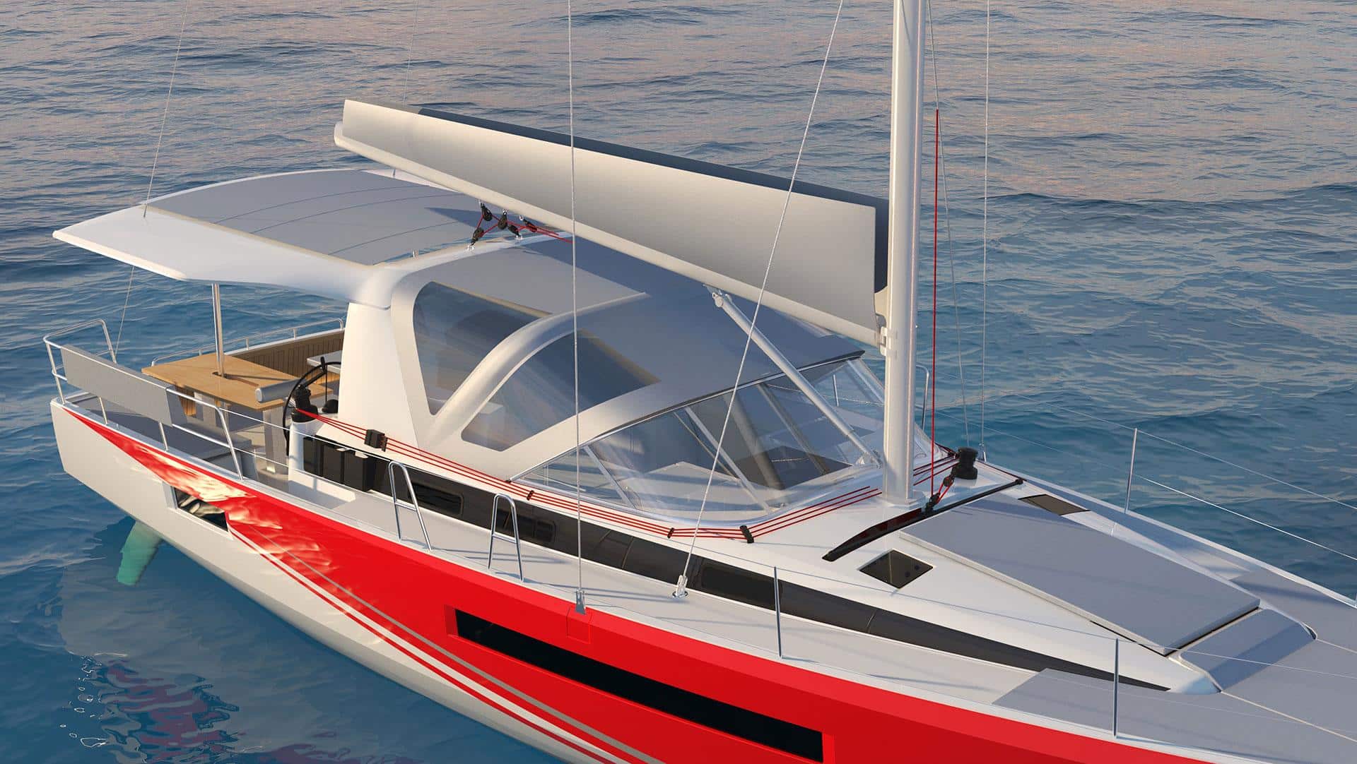 Eine elegante, moderne Segelyacht mit rot-weißem Rumpf, die bei Sonnenuntergang im ruhigen blauen Wasser vor Anker liegt und über einen geräumigen Deckbereich und große Glasfenster verfügt.