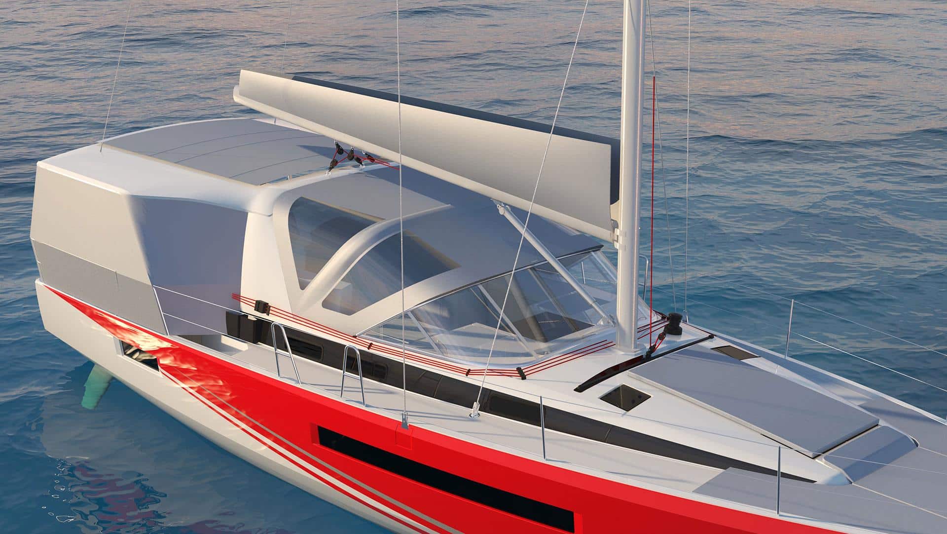 Ein modernes rot-weißes Segelboot mit schnittigem Design schwimmt bei Sonnenuntergang auf dem ruhigen blauen Wasser. Auf dem Deck ist ein Paar zu sehen, das seinen Segeltörn genießt.