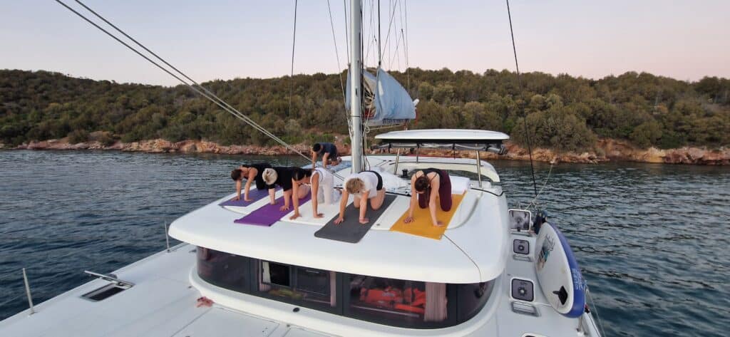 Personen auf einem Katamaran mit bunten Yoga Matten. Die Personen machen Yogaübungen an Deck. Der Hintergrund ist grün.