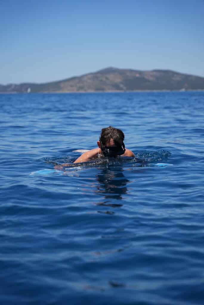 Eine Person schwimmt in einem weiten, klaren, blauen Meer und ragt mit dem Kopf über dem Wasser. Sie trägt eine Schwimmbrille und scheint nach unten zu blicken. In der Ferne deutet eine bergige Insel unter einem klaren, blauen Himmel auf ein abenteuerliches Mitsegeln-Kroatien-Erlebnis hin.