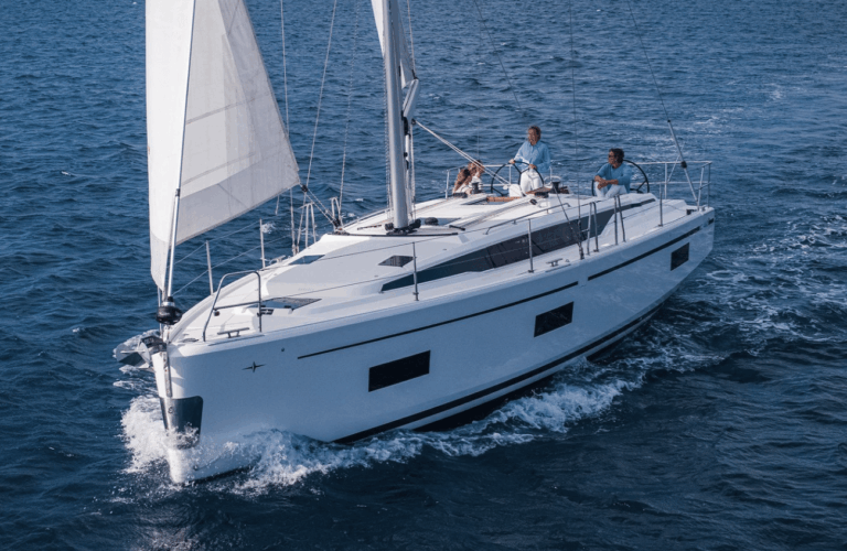A sailing yacht heeling as it sails upwind, sails trimmed like a wing